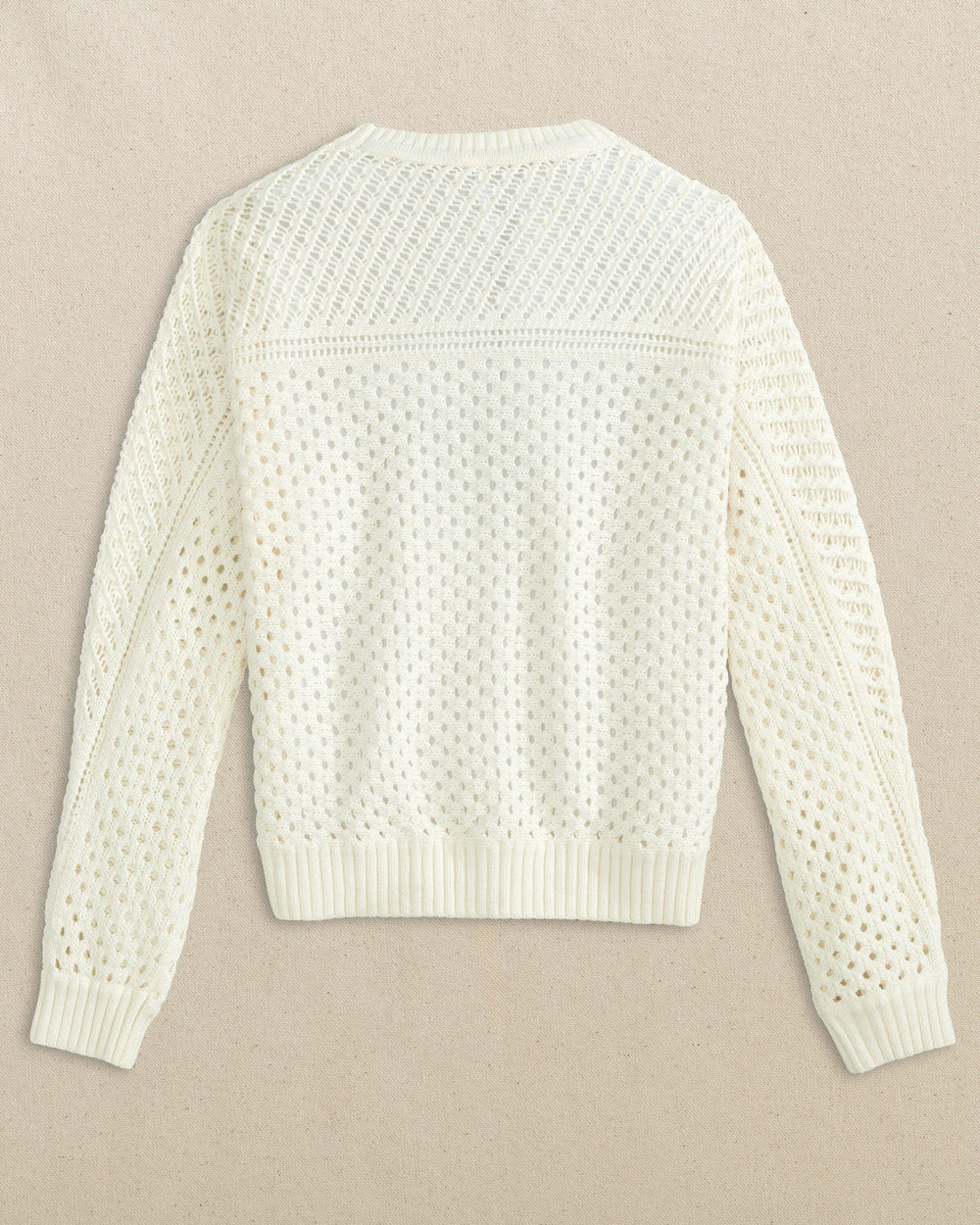 The back view of the Southern Tide Ophelia Open Stitch Sweater by Southern Tide - Sand White