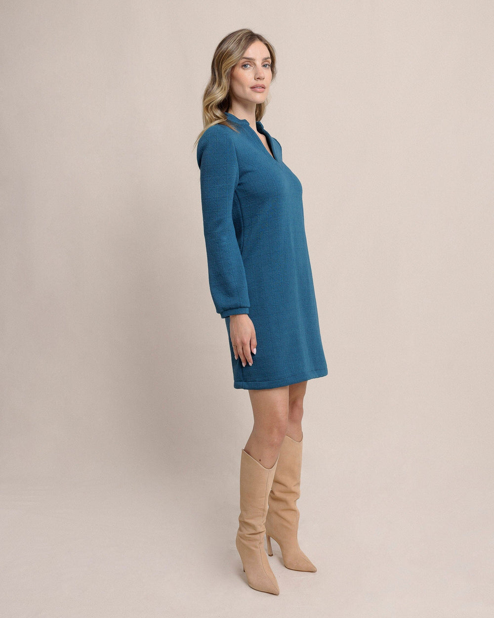 The front view of the Southern Tide Oren Quilted Dress by Southern Tide - Teal Haze