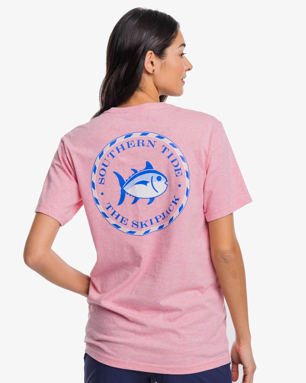 The back view of the Southern Tide Original Circle Skipjack T-Shirt by Southern Tide - Heather Flamingo Pink