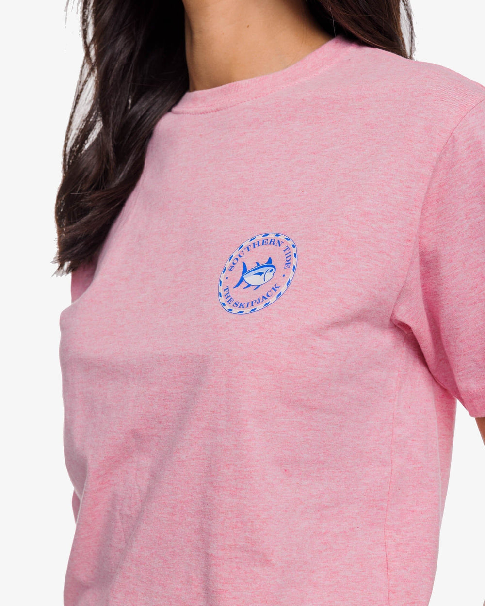The detail view of the Southern Tide Original Circle Skipjack T-Shirt by Southern Tide - Heather Flamingo Pink