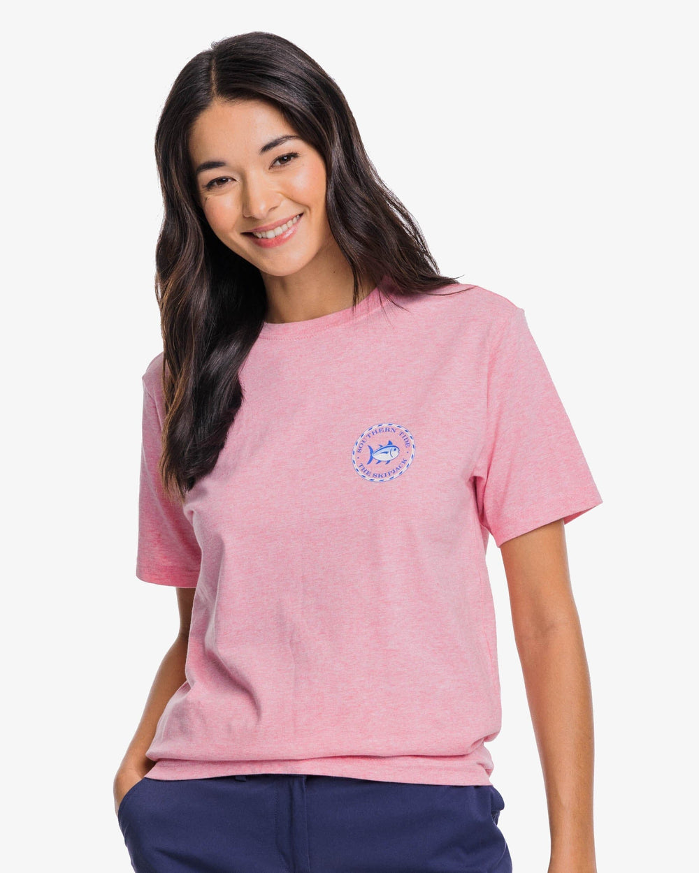 The front view of the Southern Tide Original Circle Skipjack T-Shirt by Southern Tide - Heather Flamingo Pink
