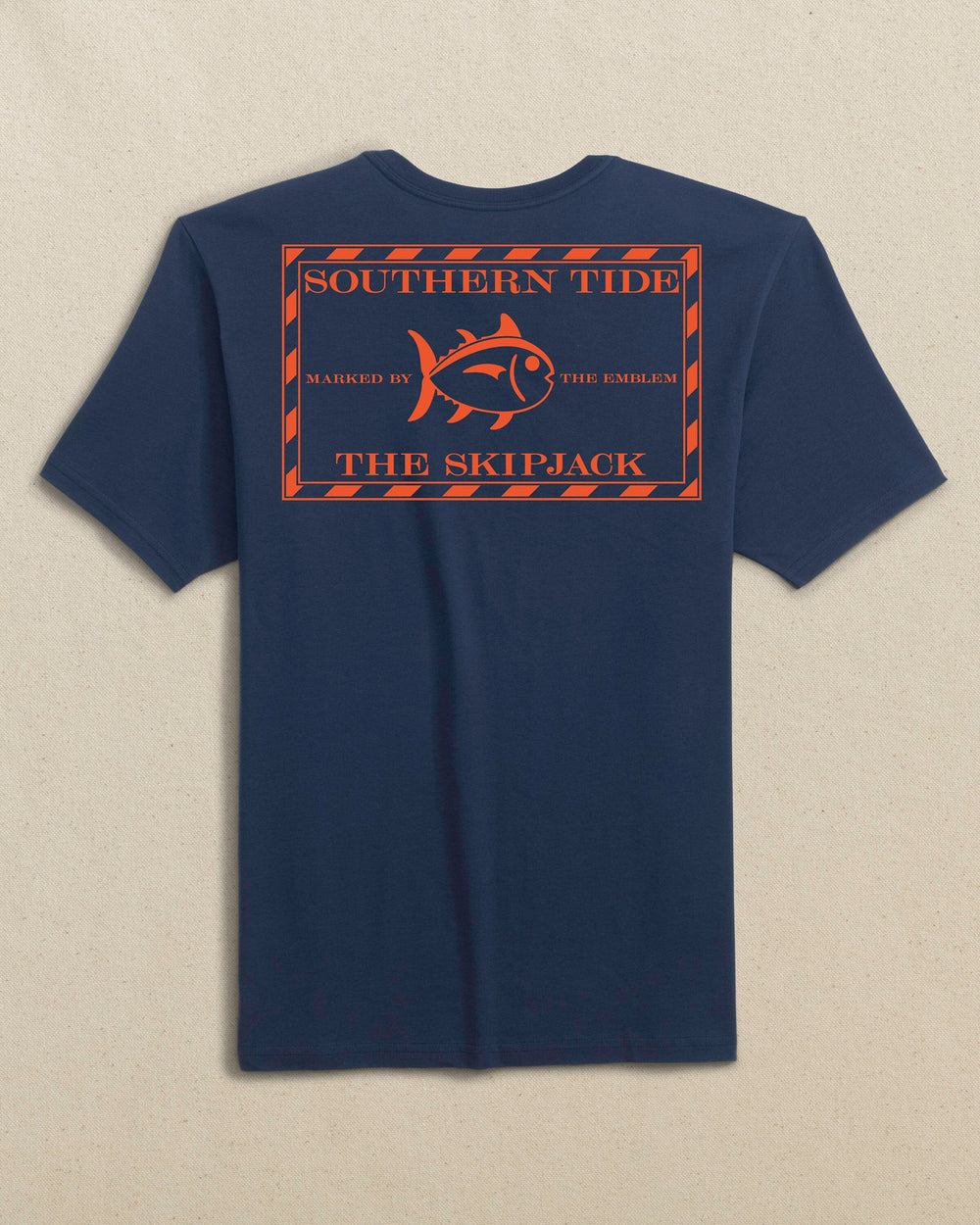 The back view of the Southern Tide Original Skipjack Gameday Colors Short Sleeve T-Shirt by Southern Tide - Navy and Endzone Orange