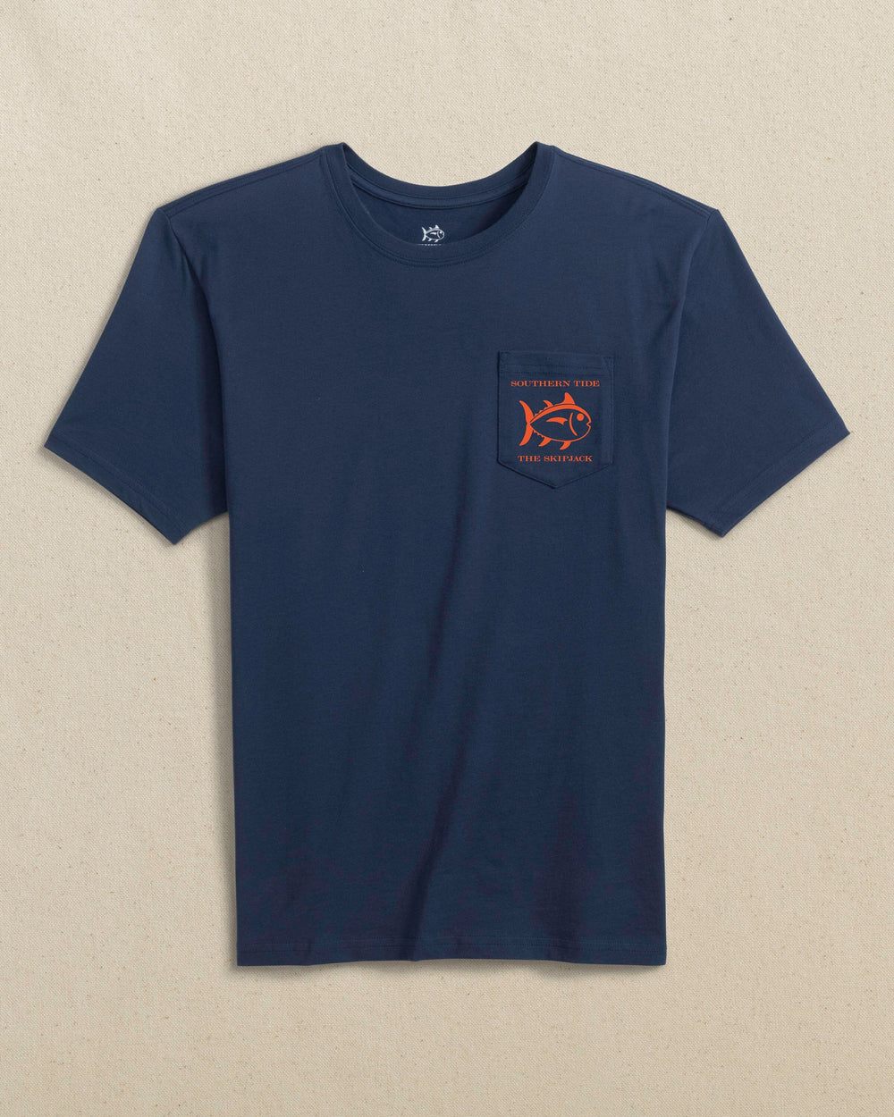 The front view of the Southern Tide Original Skipjack Gameday Colors Short Sleeve T-Shirt by Southern Tide - Navy and Endzone Orange