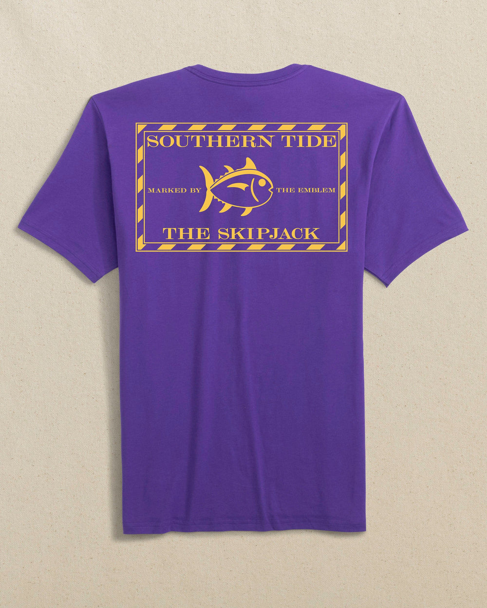 The back view of the Southern Tide Original Skipjack Gameday Colors Short Sleeve T-Shirt by Southern Tide - Regal Purple and Yellow