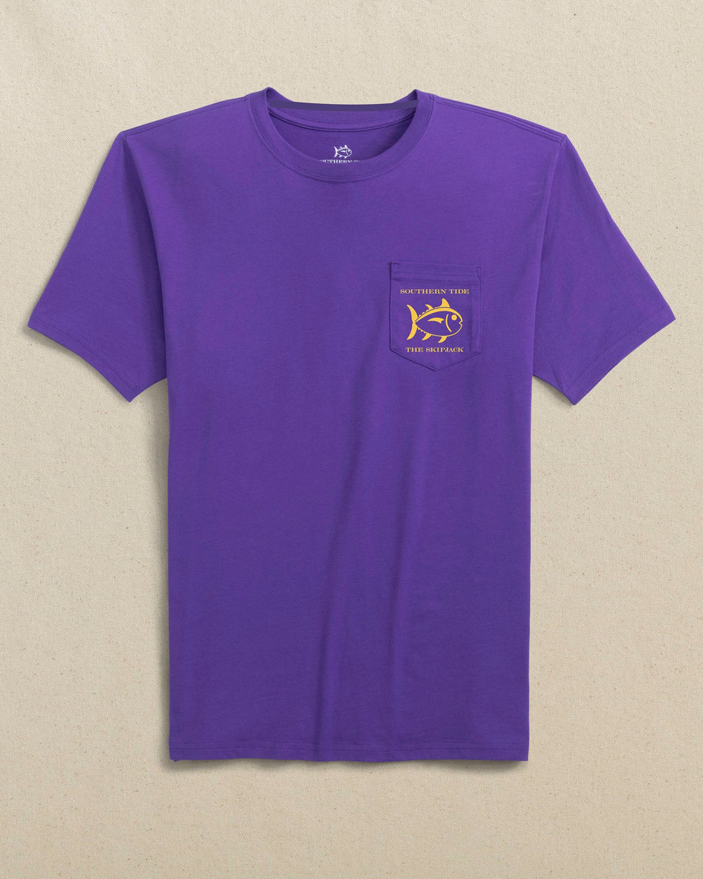 The front view of the Southern Tide Original Skipjack Gameday Colors Short Sleeve T-Shirt by Southern Tide - Regal Purple and Yellow
