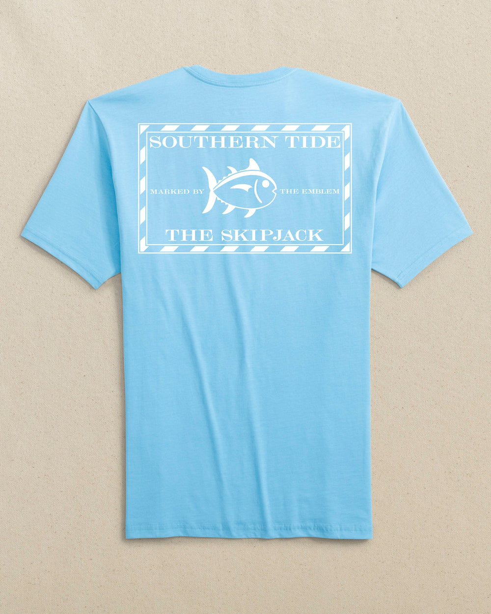 The back view of the Southern Tide Original Skipjack Gameday Colors Short Sleeve T-Shirt by Southern Tide - Rush Blue and White