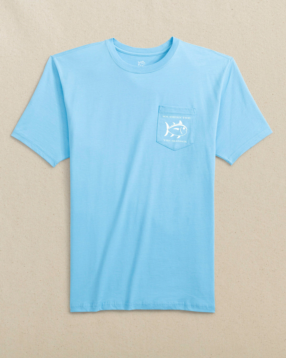 The front view of the Southern Tide Original Skipjack Gameday Colors Short Sleeve T-Shirt by Southern Tide - Rush Blue and White