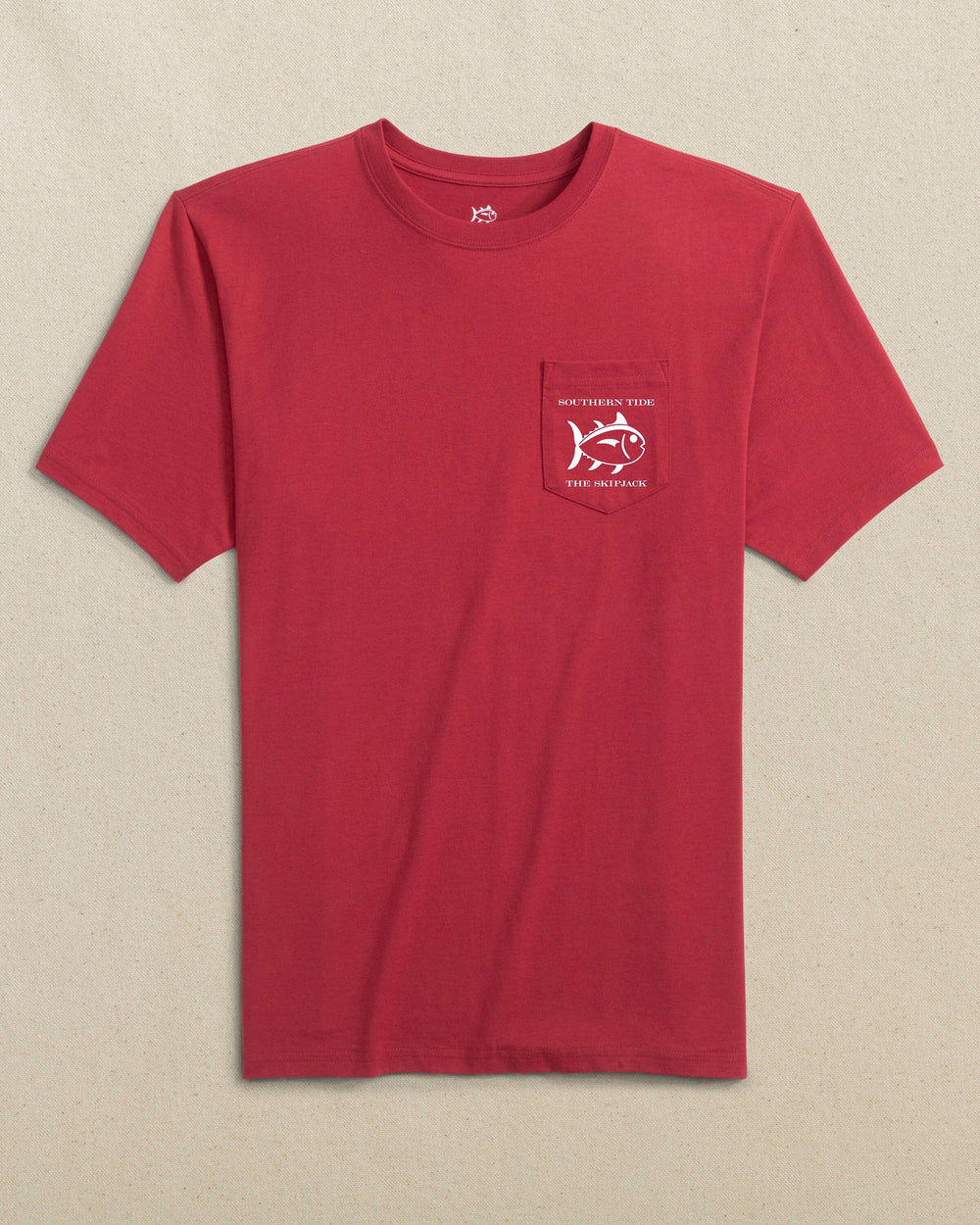 The front view of the Southern Tide Original Skipjack Gameday Colors Short Sleeve T-Shirt by Southern Tide - Crimson and White