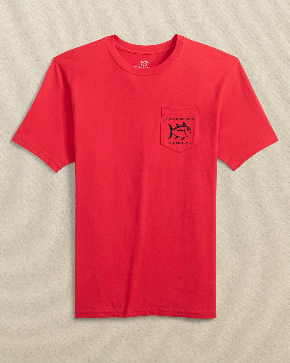 The front view of the Southern Tide Original Skipjack Gameday Colors Short Sleeve T-Shirt by Southern Tide - Varsity Red and Black