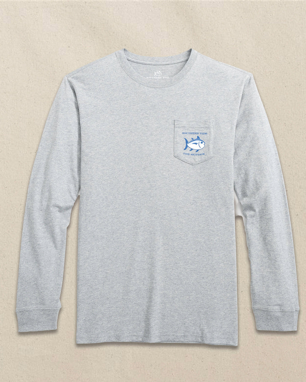 The front view of the Southern Tide Original Skipjack Long Sleeve Pocket T-Shirt by Southern Tide - Heather Grey