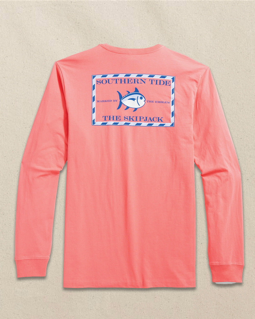 The back view of the Southern Tide Original Skipjack Long Sleeve Pocket T-Shirt by Southern Tide - Light Coral