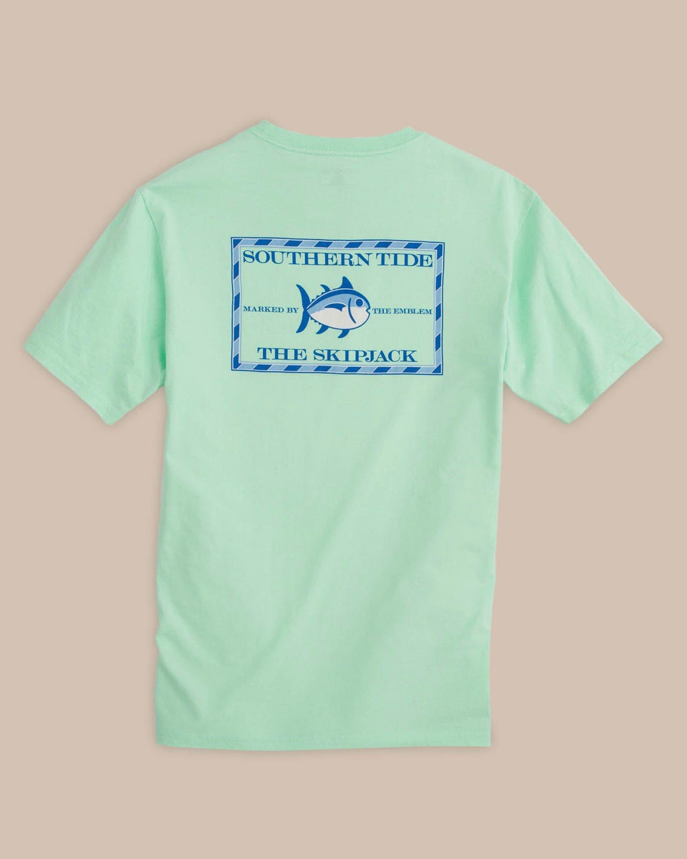 The back view of the Men's Green Original Skipjack Short Sleeve T-Shirt by Southern Tide - Offshore Green