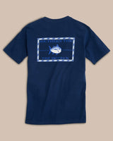 The back view of the Men's Navy Original Skipjack Short Sleeve T-Shirt by Southern Tide - Yacht Blue
