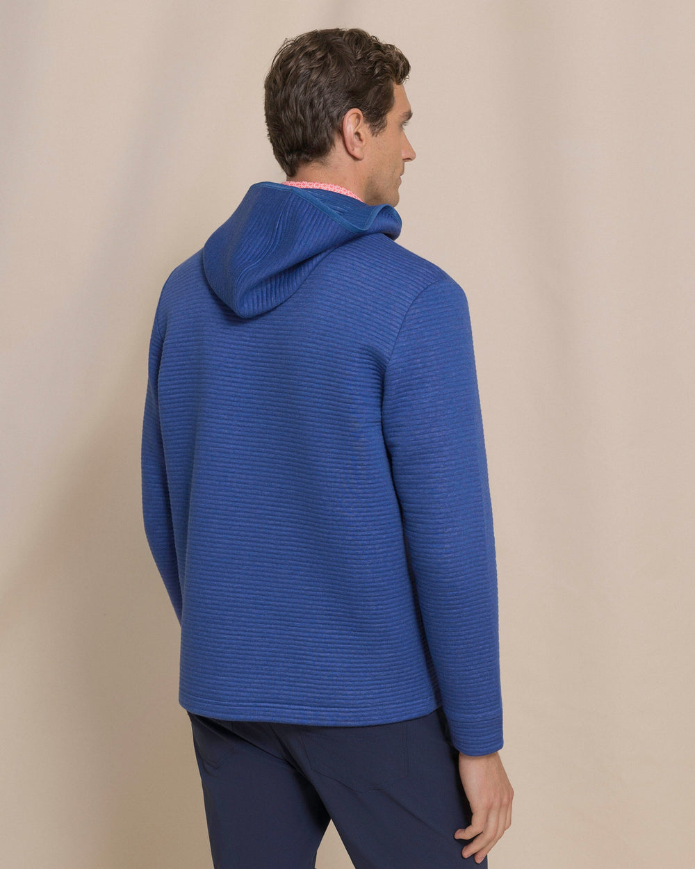 The back view of the Southern Tide Ottoman Heather Quarter Zip Hoodie by Southern Tide - Heather Nautical Blue