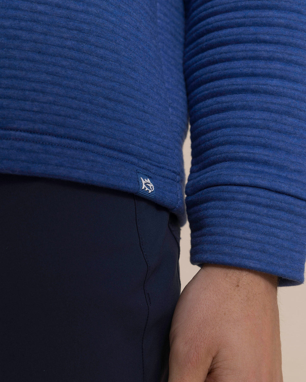 The detail view of the Southern Tide Ottoman Heather Quarter Zip Hoodie by Southern Tide - Heather Nautical Blue