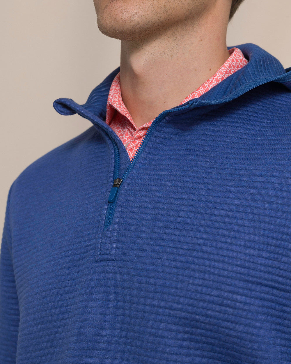 The detail view of the Southern Tide Ottoman Heather Quarter Zip Hoodie by Southern Tide - Heather Nautical Blue