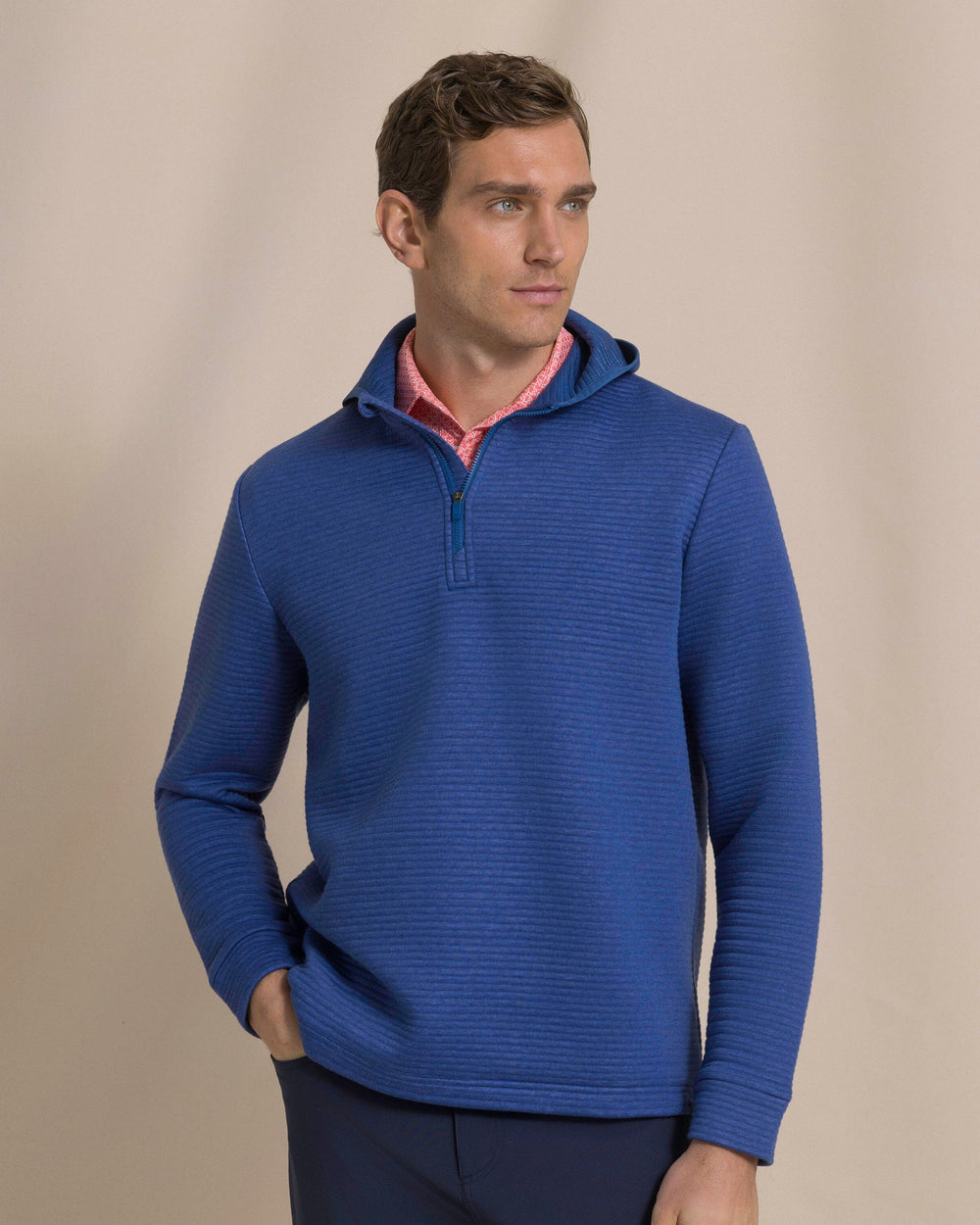 The front view of the Southern Tide Ottoman Heather Quarter Zip Hoodie by Southern Tide - Heather Nautical Blue