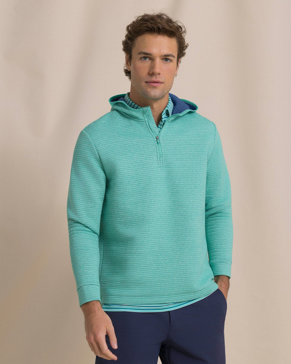 The front view of the Southern Tide Ottoman Heather Quarter Zip Hoodie by Southern Tide - Heather Persian Green