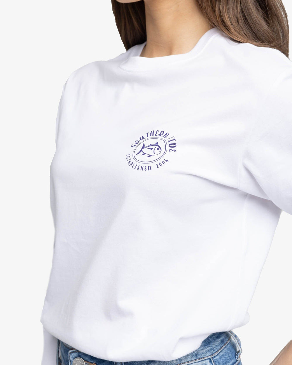 The detail view of the Southern Tide Palm Circle Long Sleeve T-shirt by Southern Tide - Classic White
