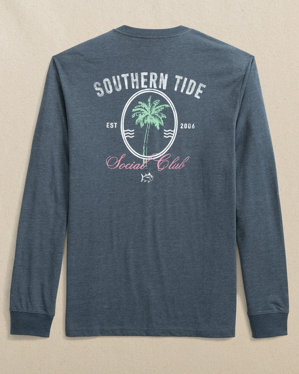 The back view of the Southern Tide Palm Social Club Heather Long Sleeve T-Shirt by Southern Tide - Heather Dress Blue