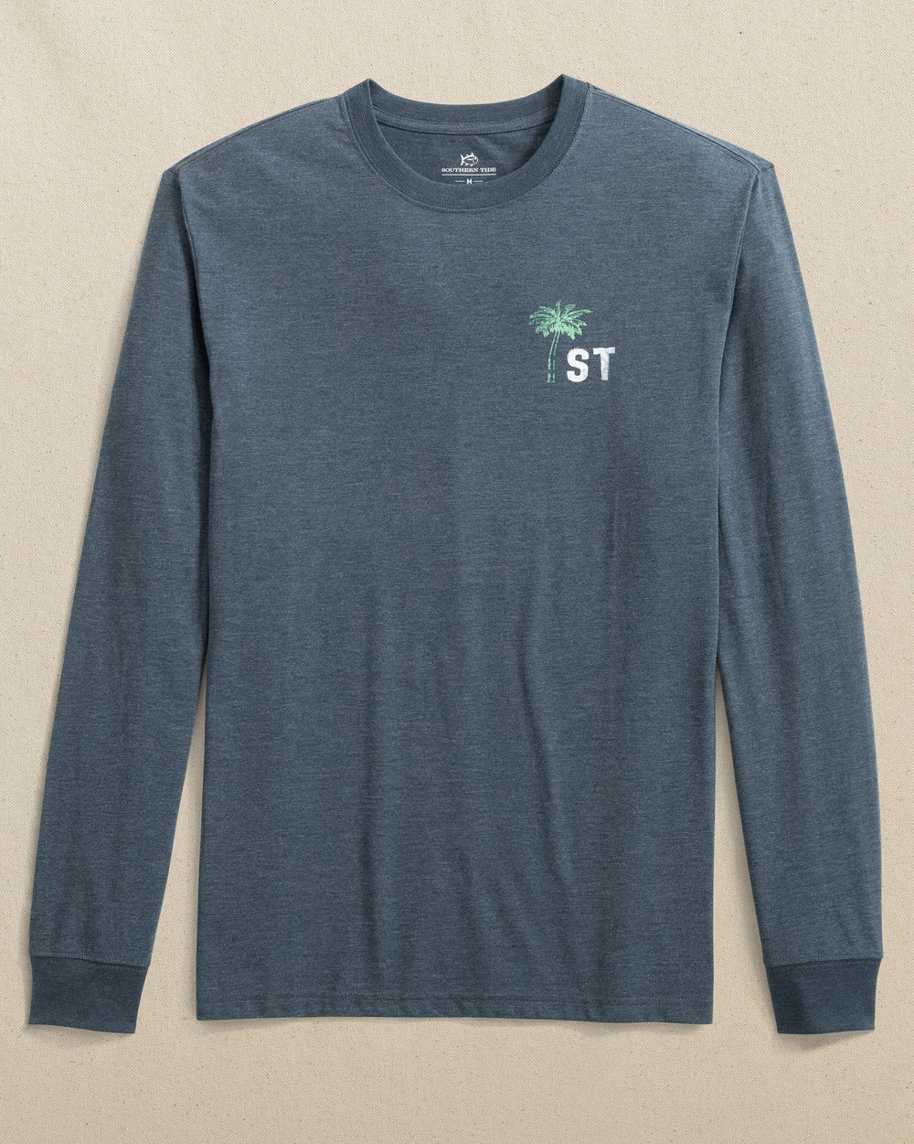 The front view of the Southern Tide Palm Social Club Heather Long Sleeve T-Shirt by Southern Tide - Heather Dress Blue