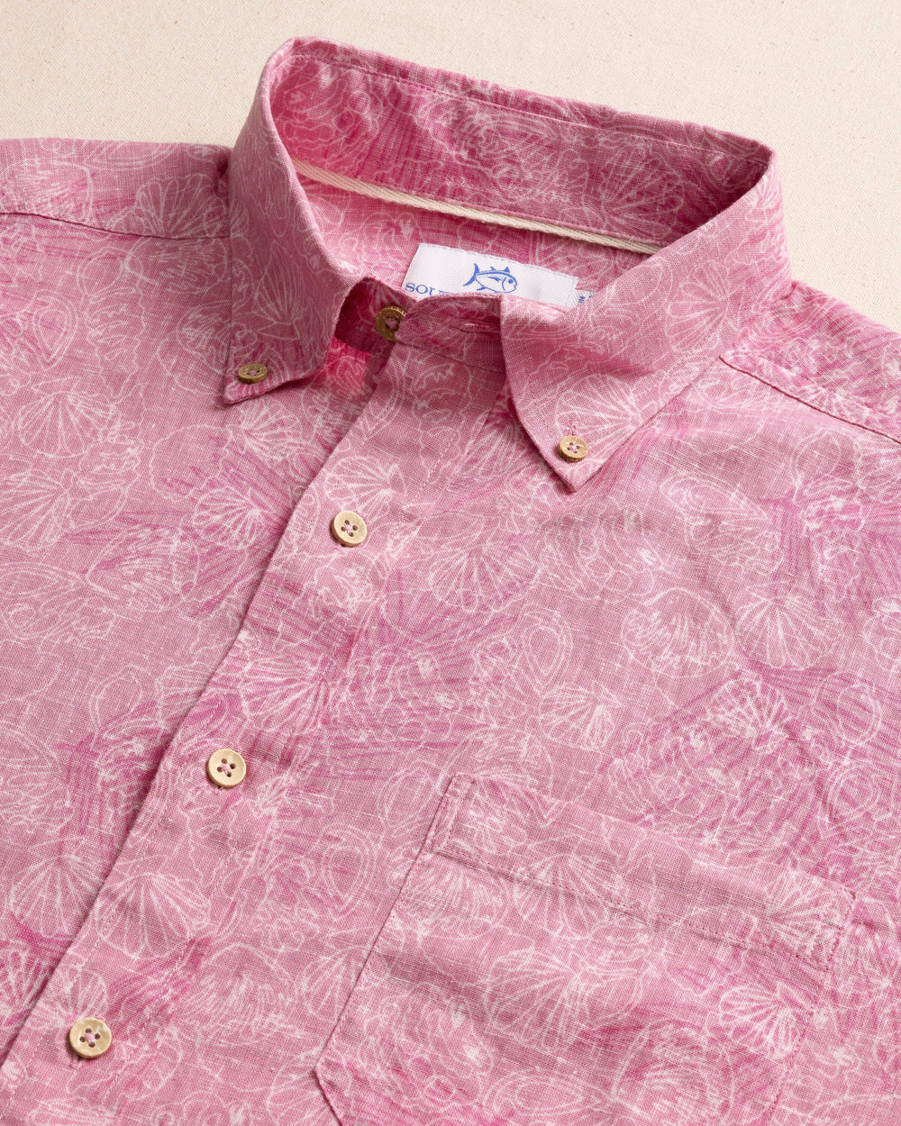 The detail view of the Southern Tide Palm-tree-cation Linen Rayon Short Sleeve Sport Shirt by Southern Tide - Riviera Rose