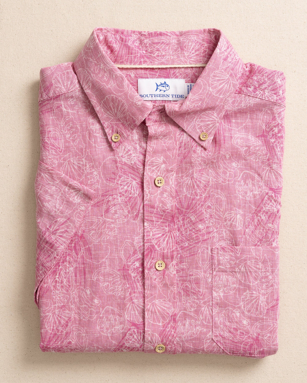 The front view of the Southern Tide Palm-tree-cation Linen Rayon Short Sleeve Sport Shirt by Southern Tide - Riviera Rose