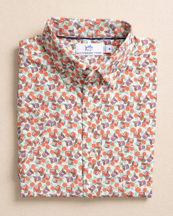 The front view of the Southern Tide Paloma Paradise Intercoastal Short Sleeve Sport Shirt by Southern Tide - Classic White