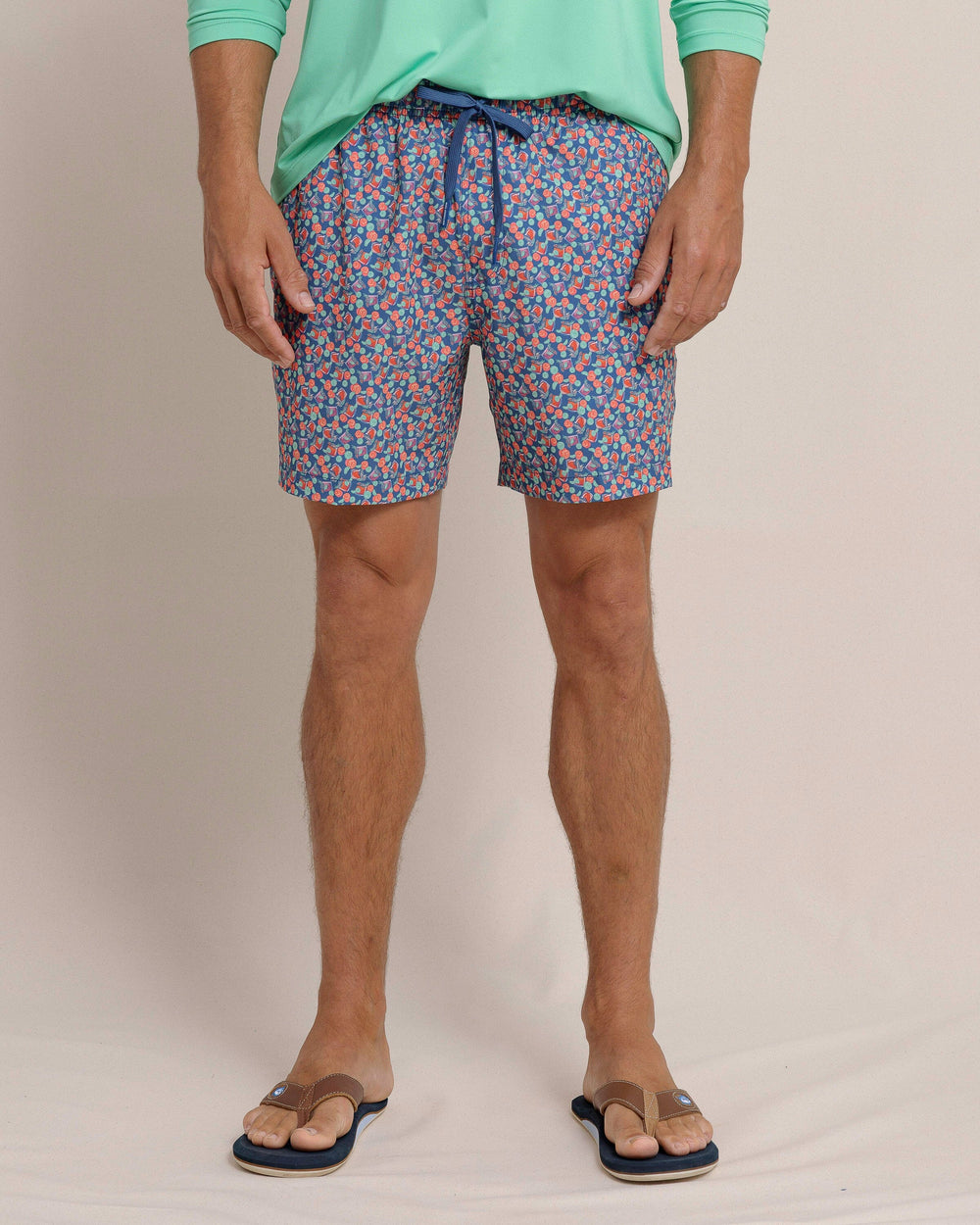 The front view of the Southern Tide Paloma Paradise Swim Trunk by Southern Tide - Aged Denim