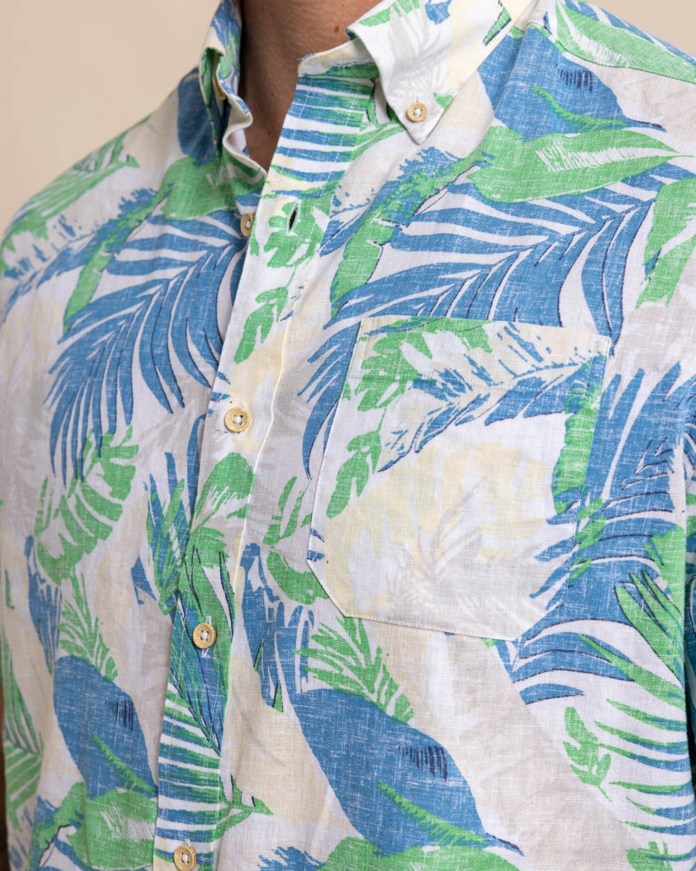 The detail view of the Southern Tide Paradise Palms Linen Rayon Short Sleeve Sport Shirt by Southern Tide - Classic White