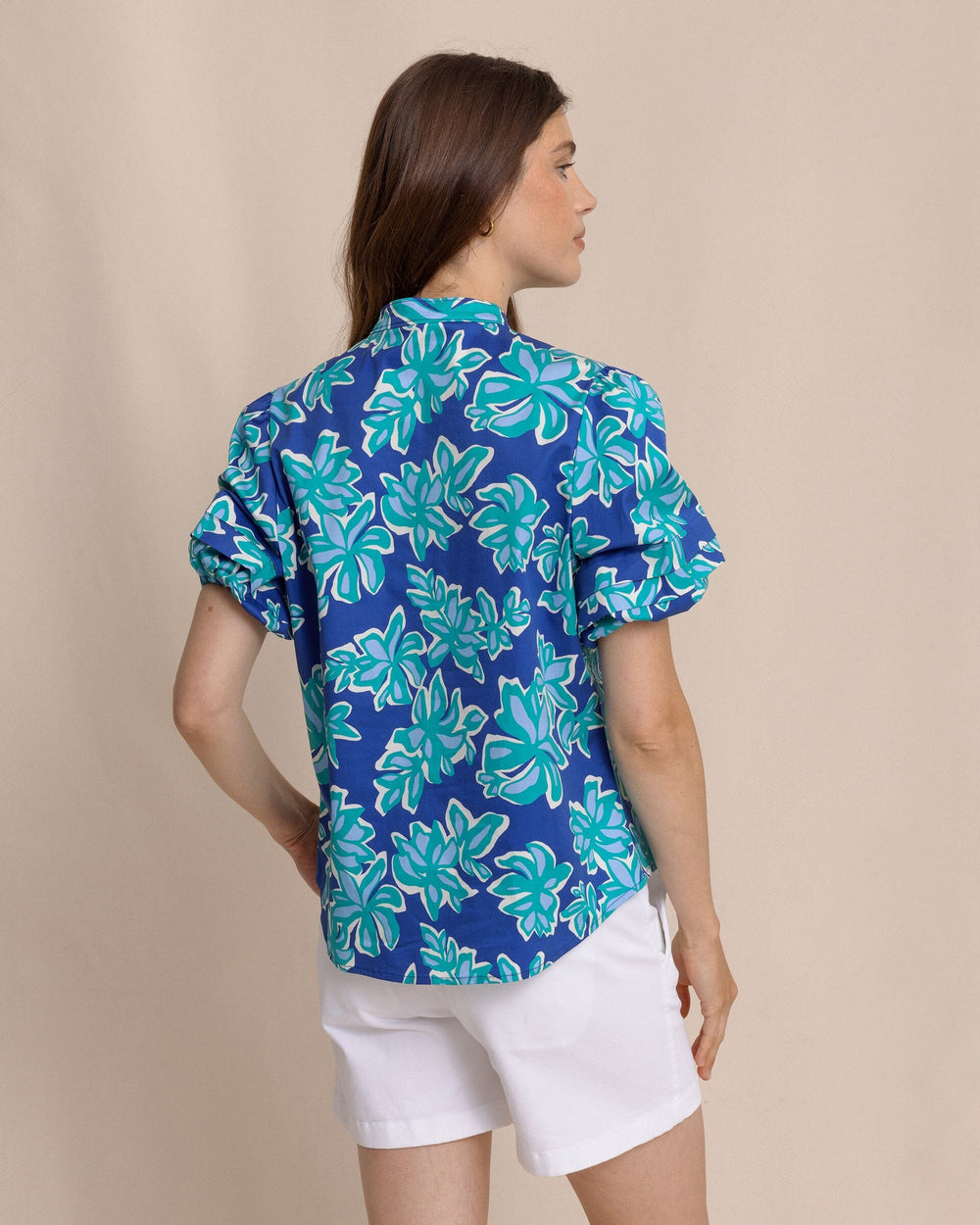The back view of the Southern Tide Payge Poplin Top by Southern Tide - Surf Blue