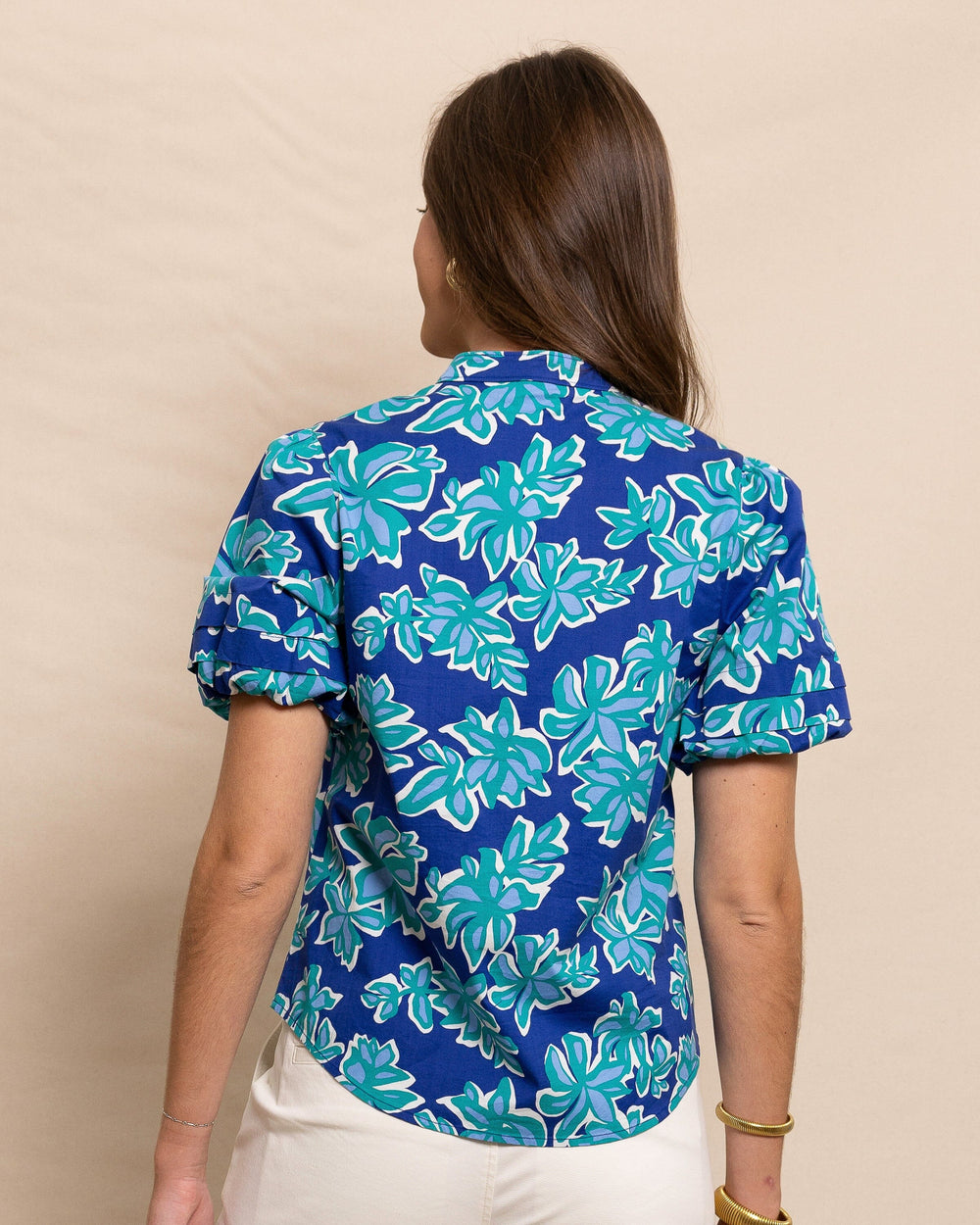 The back view of the Southern Tide Payge Poplin Top by Southern Tide - Surf Blue