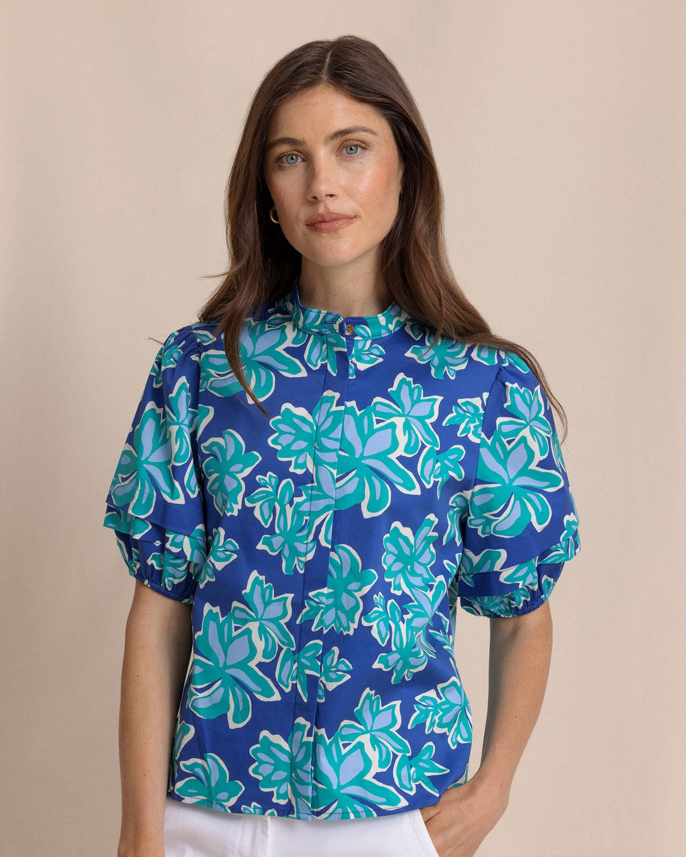 The front view of the Southern Tide Payge Poplin Top by Southern Tide - Surf Blue