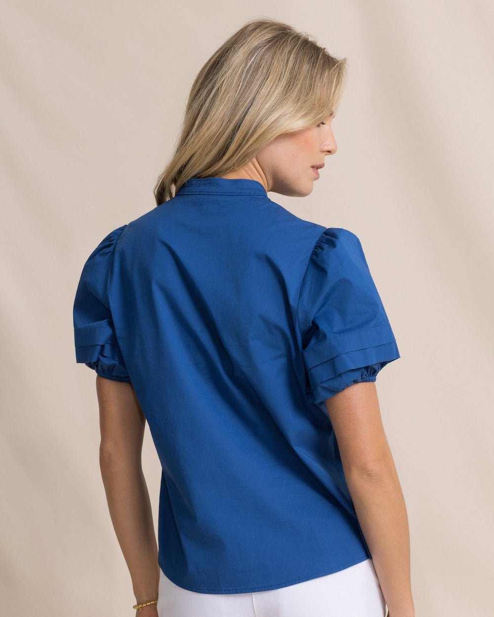 The back view of the Southern Tide Payge Solid Poplin Top by Southern Tide - Nautical Blue