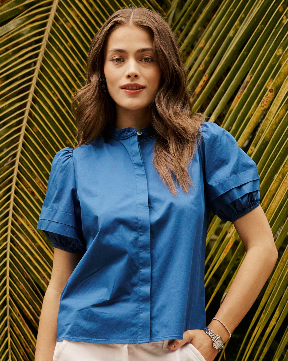 poplin dress shirt women Southern Tide Women's Payge Solid Poplin Top Blue (Size M) 97% Cotton 3% Spandex?
