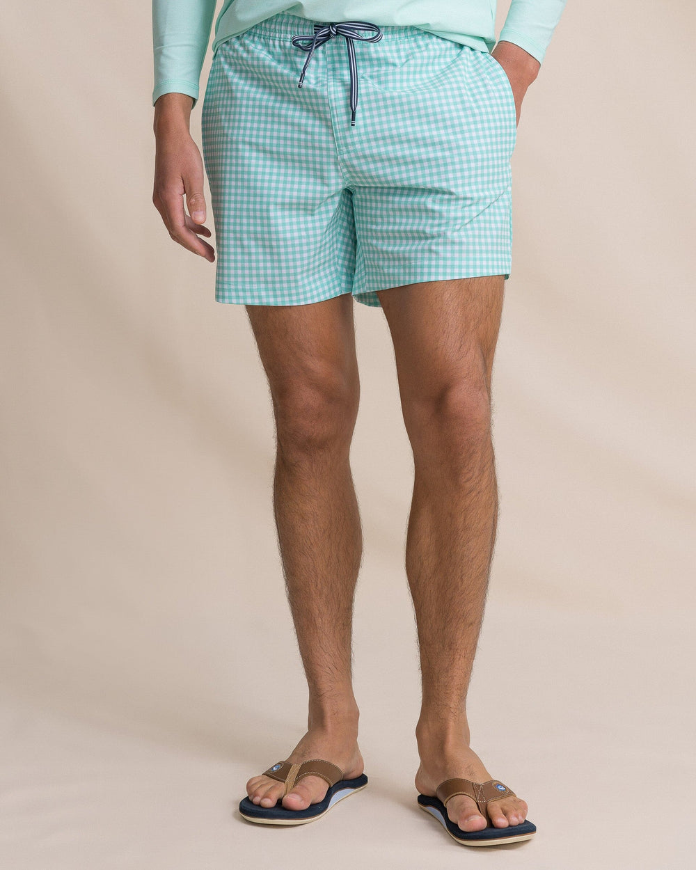 The front view of the Southern Tide Pelican Bay Gingham Maritime Swim Trunk by Southern Tide - Florida Keys