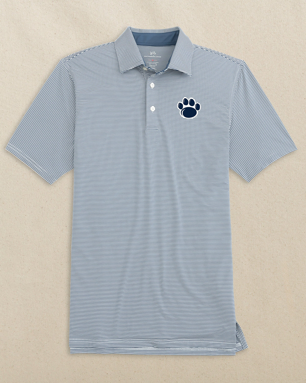 The front view of the Southern Tide Penn State Nittany Lions brrr°®-eeze Meadowbrook Stripe Polo by Southern Tide - Aged Denim