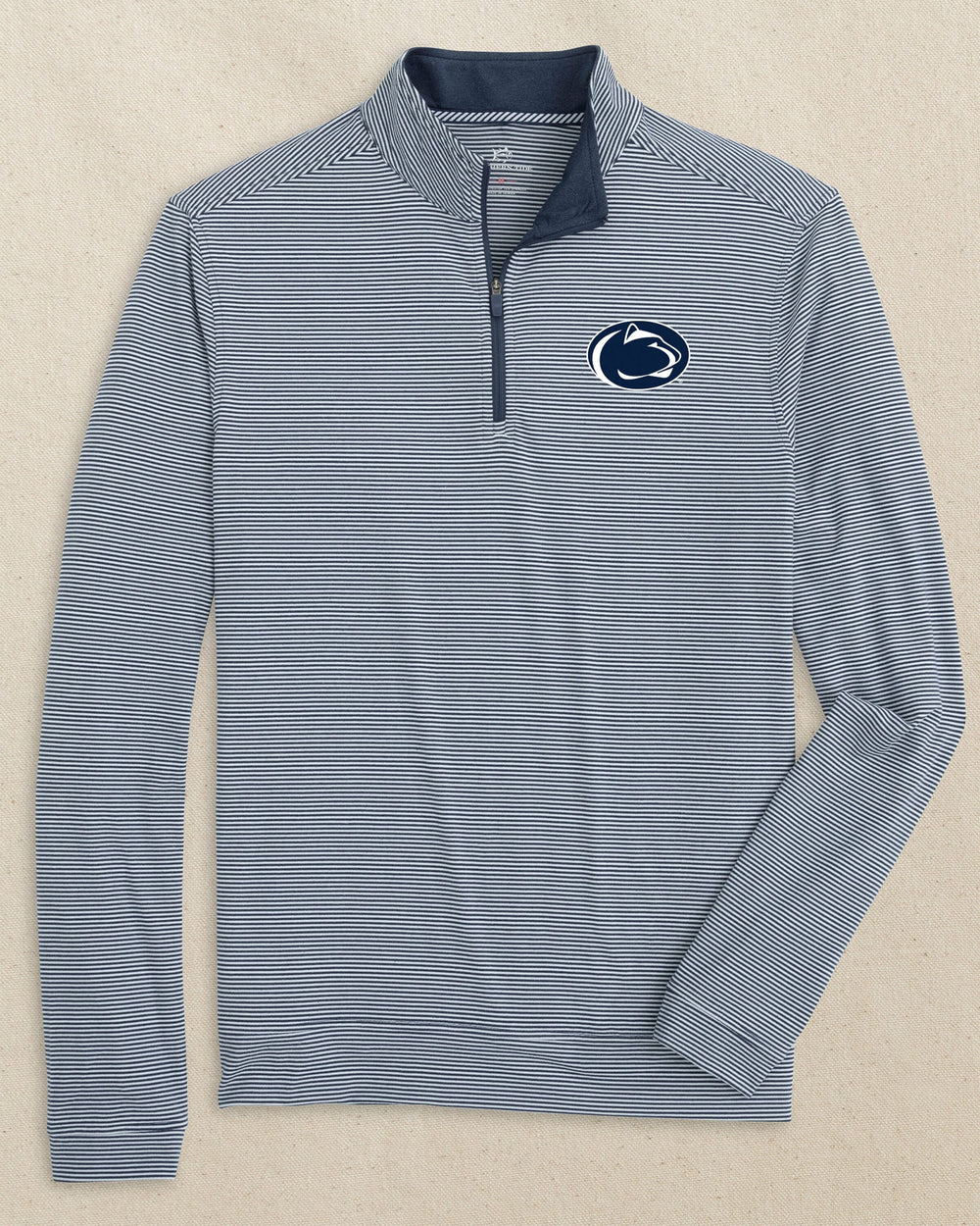 The front view of the Southern Tide Penn State Nittany Lions Cruiser Micro-Stripe Quarter Zip by Southern Tide - Heather Navy