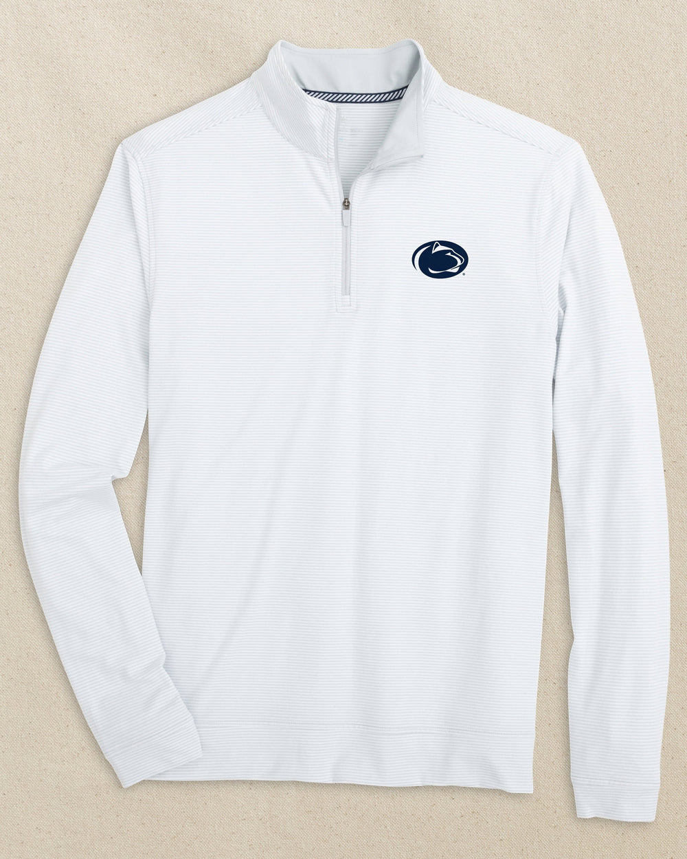 The front view of the Southern Tide Penn State Nittany Lions Cruiser Micro-Stripe Quarter Zip by Southern Tide - Heather Slate Grey