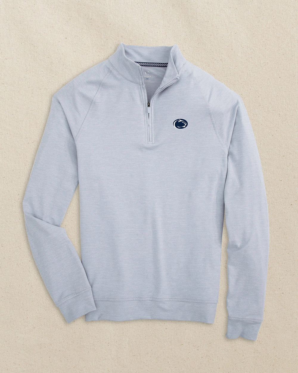 The front view of the Southern Tide Penn State Nittany Lions Cruiser Quarter Zip by Southern Tide - Heather Slate Grey