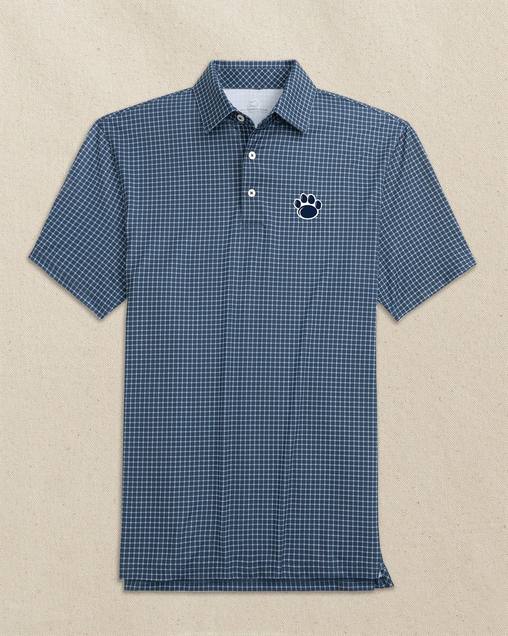 The front view of the Southern Tide Penn State Nittany Lions Paw Driver Dunes Edge Plaid Polo by Southern Tide - Navy