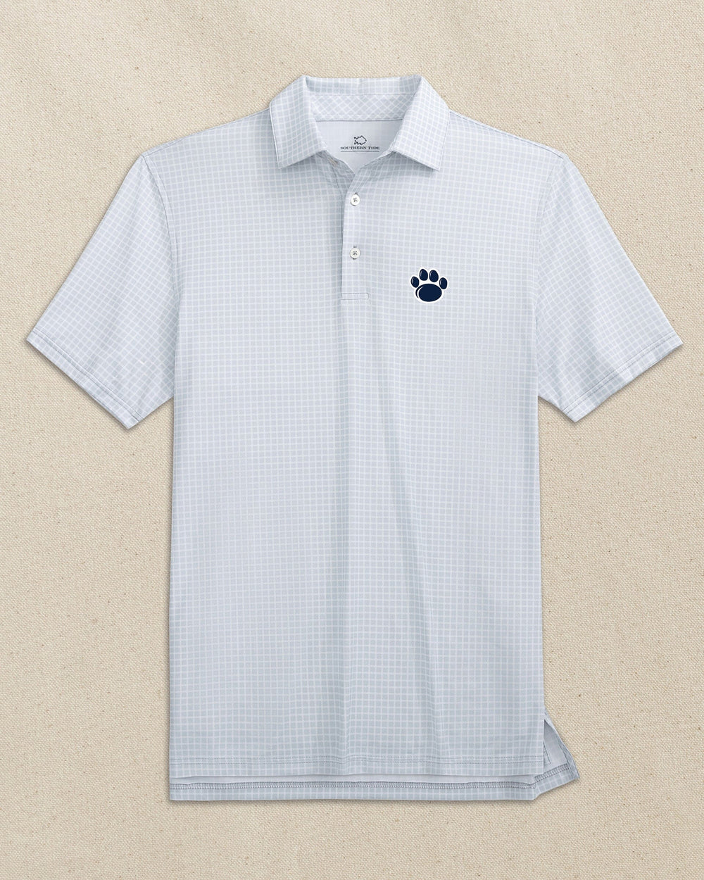 The front view of the Southern Tide Penn State Nittany Lions Paw Driver Dunes Edge Plaid Polo by Southern Tide - Slate Grey