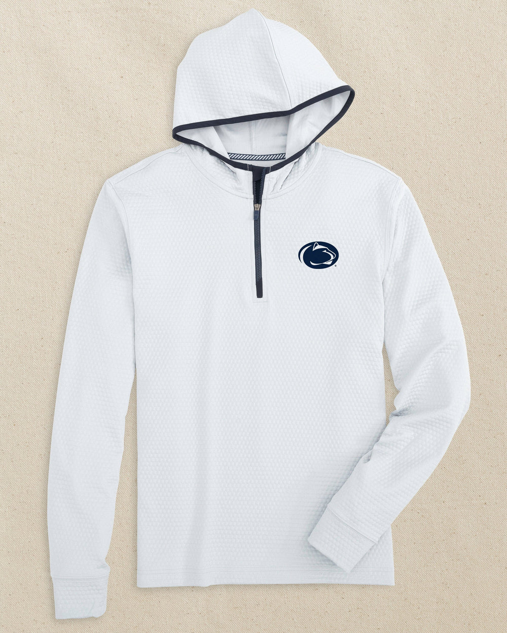 The front view of the Southern Tide Penn State Nittany Lions Scuttle Quarter Zip Hoodie by Southern Tide - Heather Slate Grey