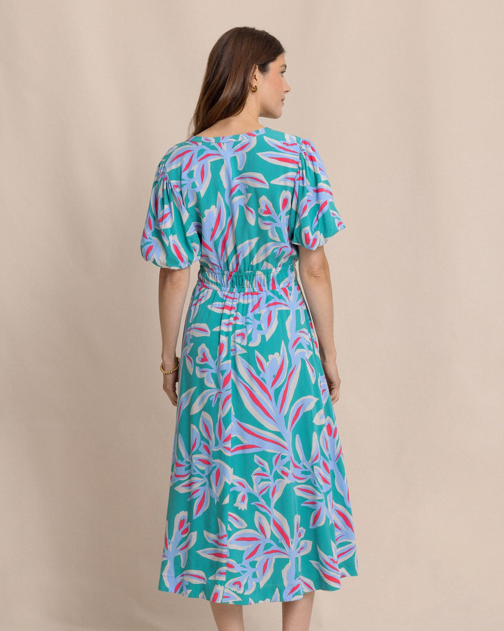 The back view of the Southern Tide Penni Vintage Gardens Midi Dress by Southern Tide - Spruce Shade