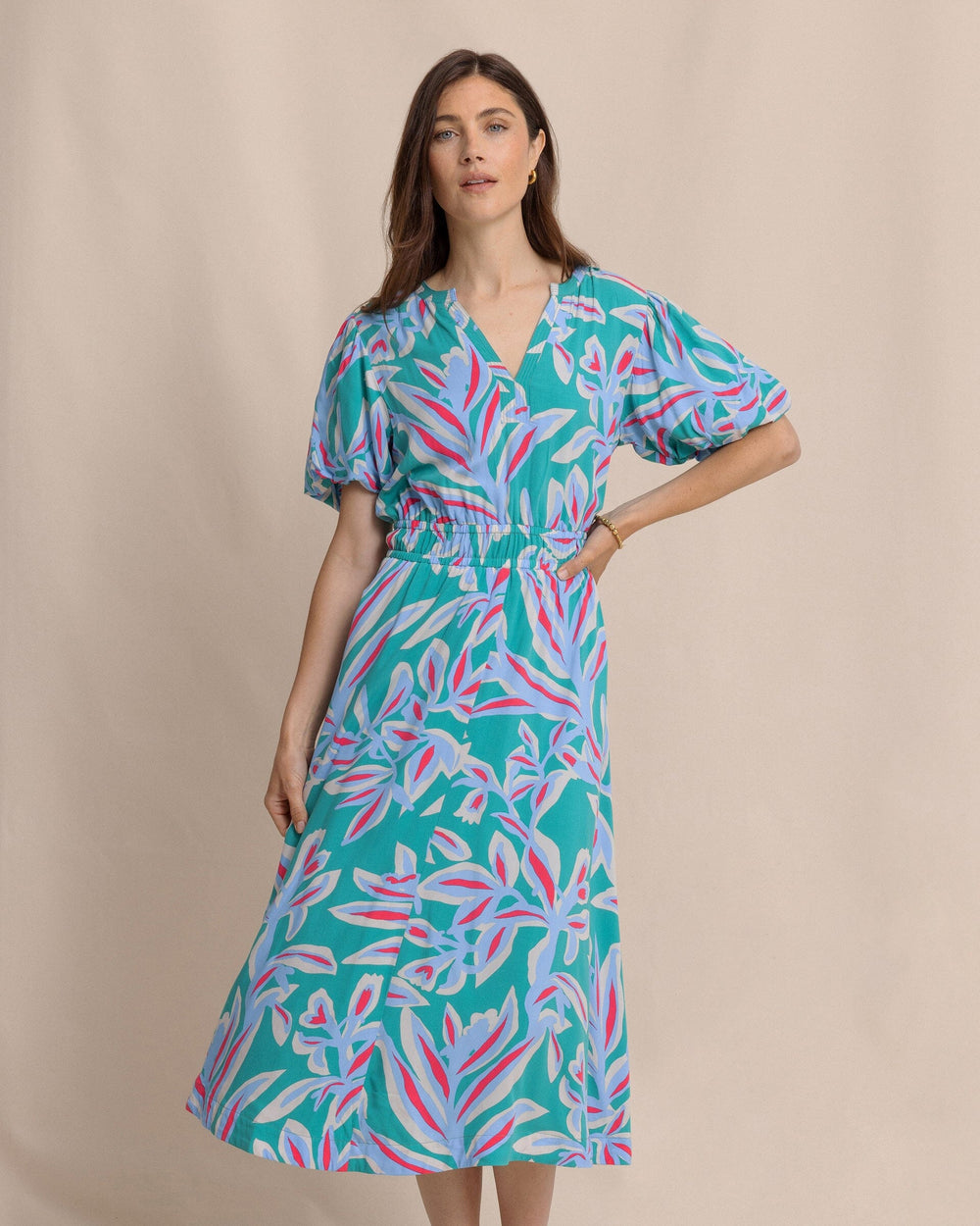 The front view of the Southern Tide Penni Vintage Gardens Midi Dress by Southern Tide - Spruce Shade