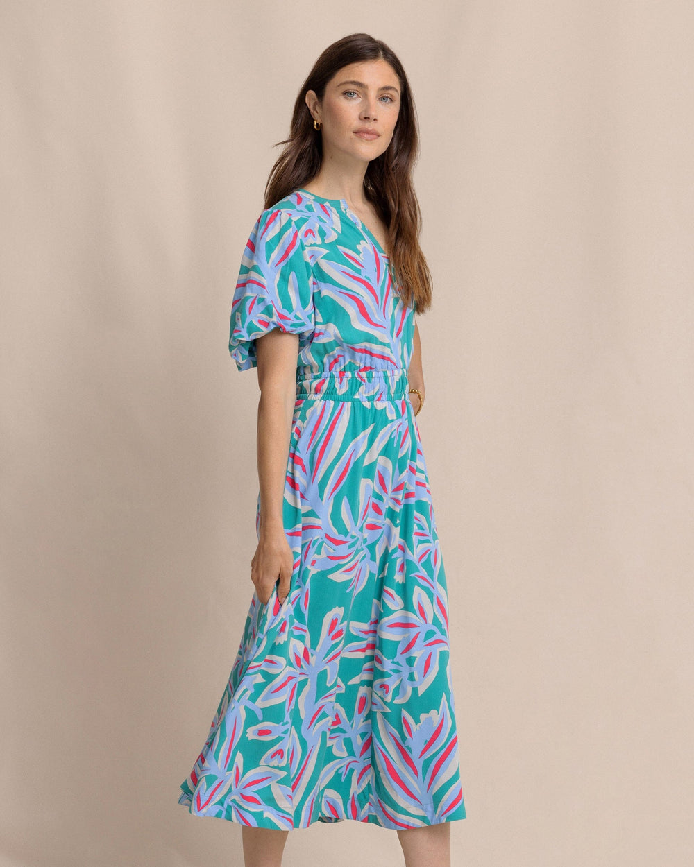 The side view of the Southern Tide Penni Vintage Gardens Midi Dress by Southern Tide - Spruce Shade