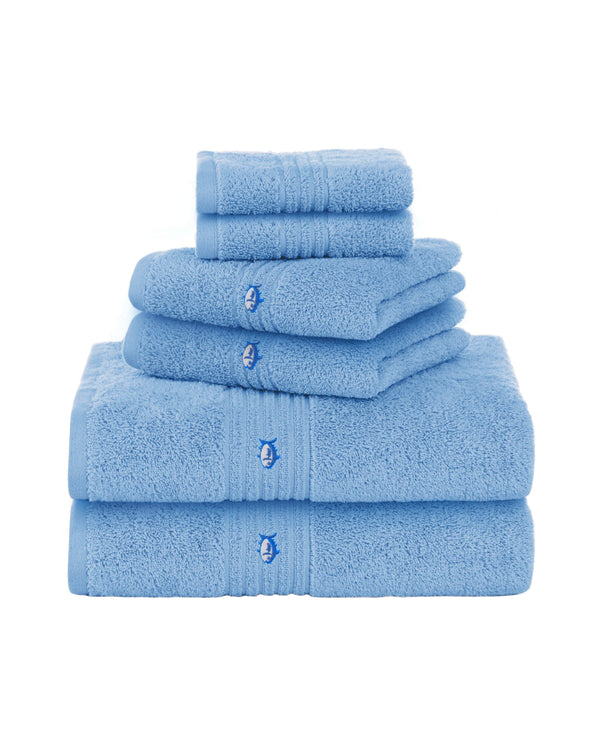 The front view of the Southern Tide Performance 5.0 Bath Towel 6-Piece Set in Little Boy Blue by Southern Tide - Little Boy Blue