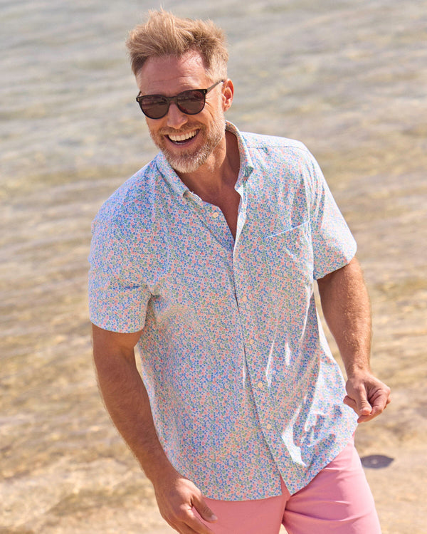 The lifestyle view of the Southern Tide Petal Party Intercoastal Short Sleeve Sport Shirt by Southern Tide - Jade Green