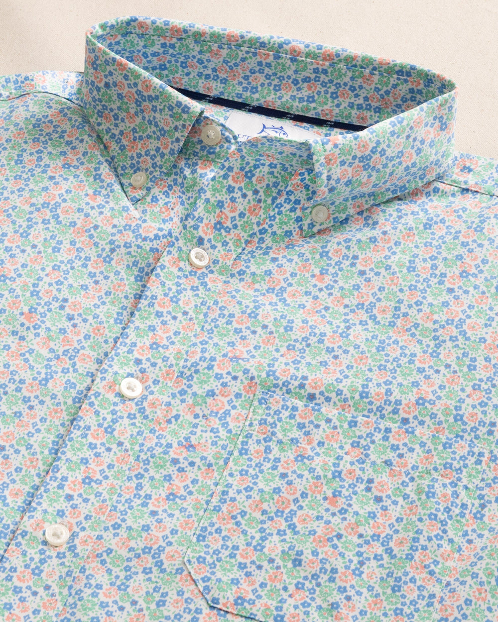 The detail view of the Southern Tide Petal Party Intercoastal Short Sleeve Sport Shirt by Southern Tide - Jade Green