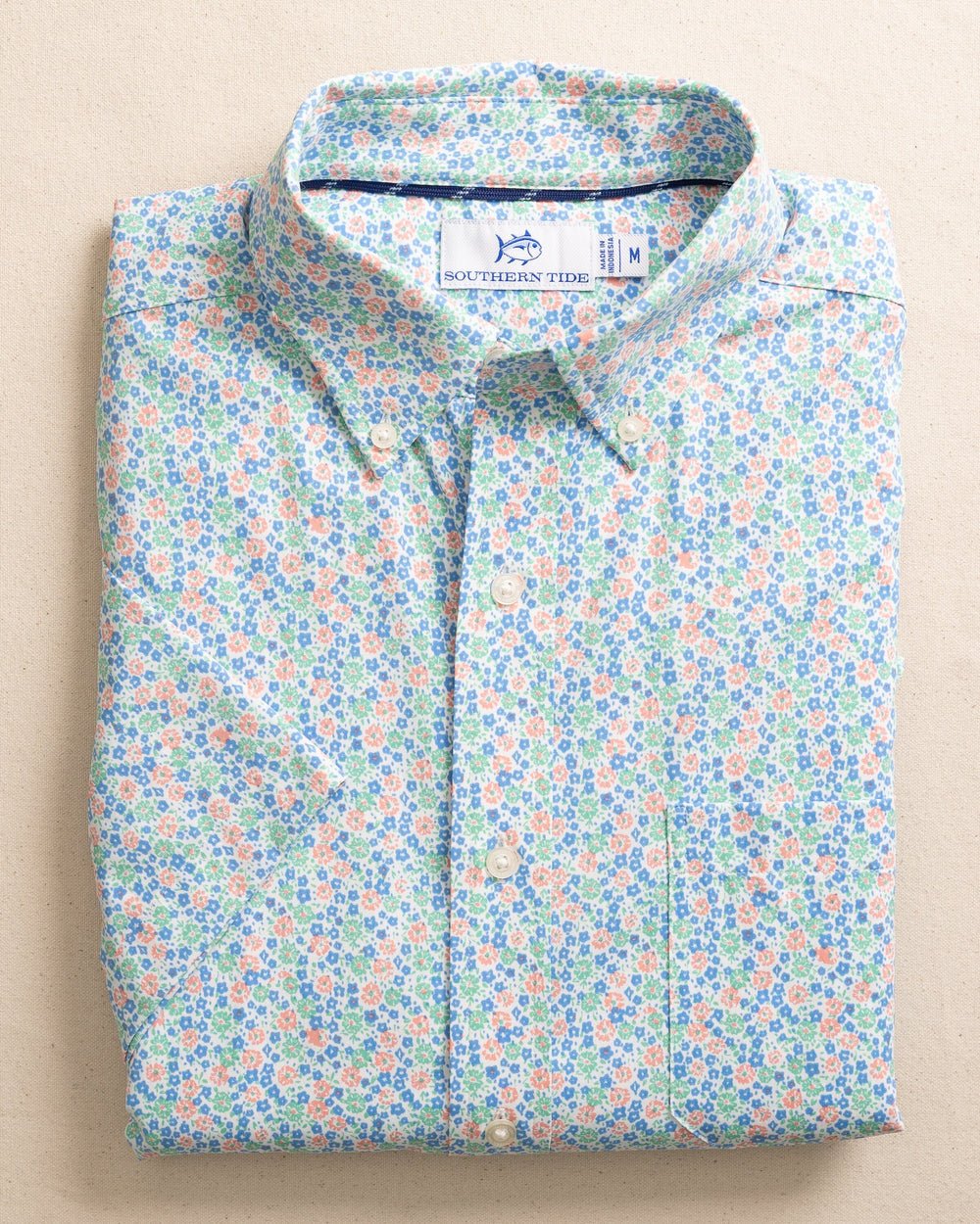 The front view of the Southern Tide Petal Party Intercoastal Short Sleeve Sport Shirt by Southern Tide - Jade Green